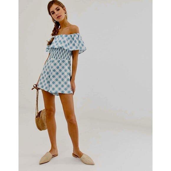 ASOS Gingham Romper Women Size 6 Blue White Off Shoulder Elastic Smocked - Picture 1 of 10